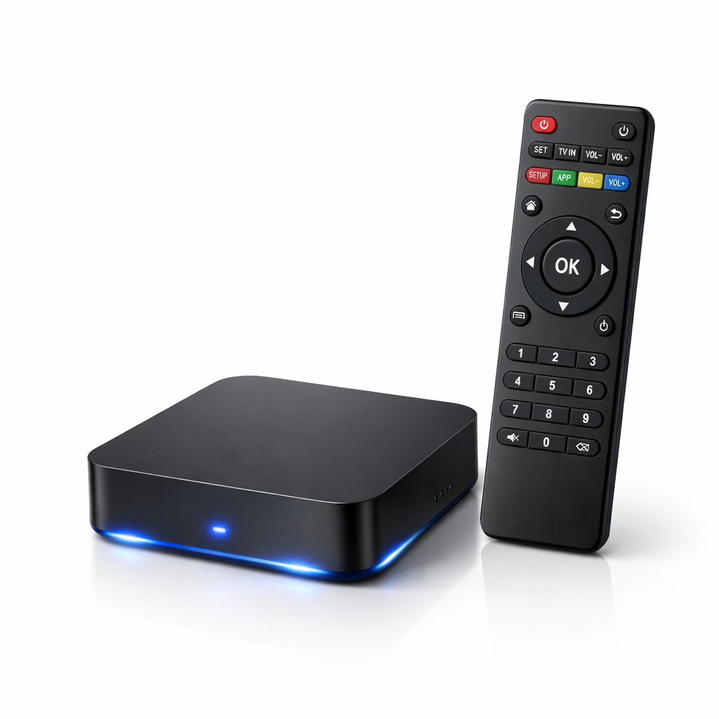 Black electronic device with a remote control on a white background
