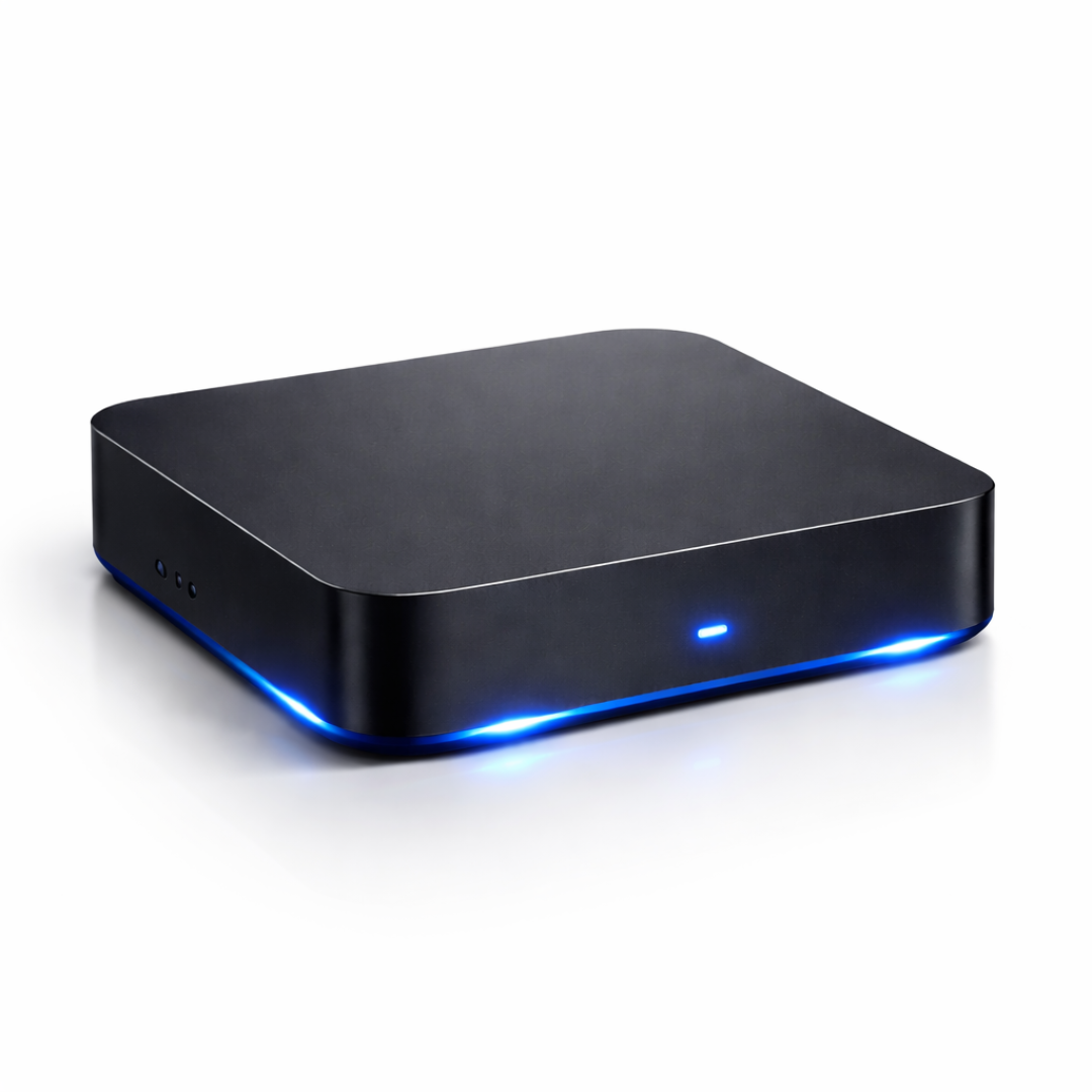 Black electronic device with blue LED light on a white background